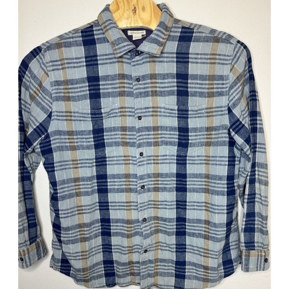 Carbon 2 Cobalt Linen Blend Mens Plaid Button Up Shirt XL - Picture 2 of 7